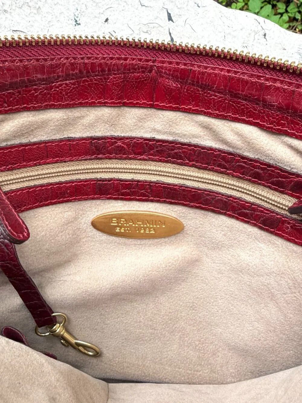 BRAHMIN Vintage 90s Melbourne Deep Red Bow Detail Top Zip Moc Croc Shoulder Bag